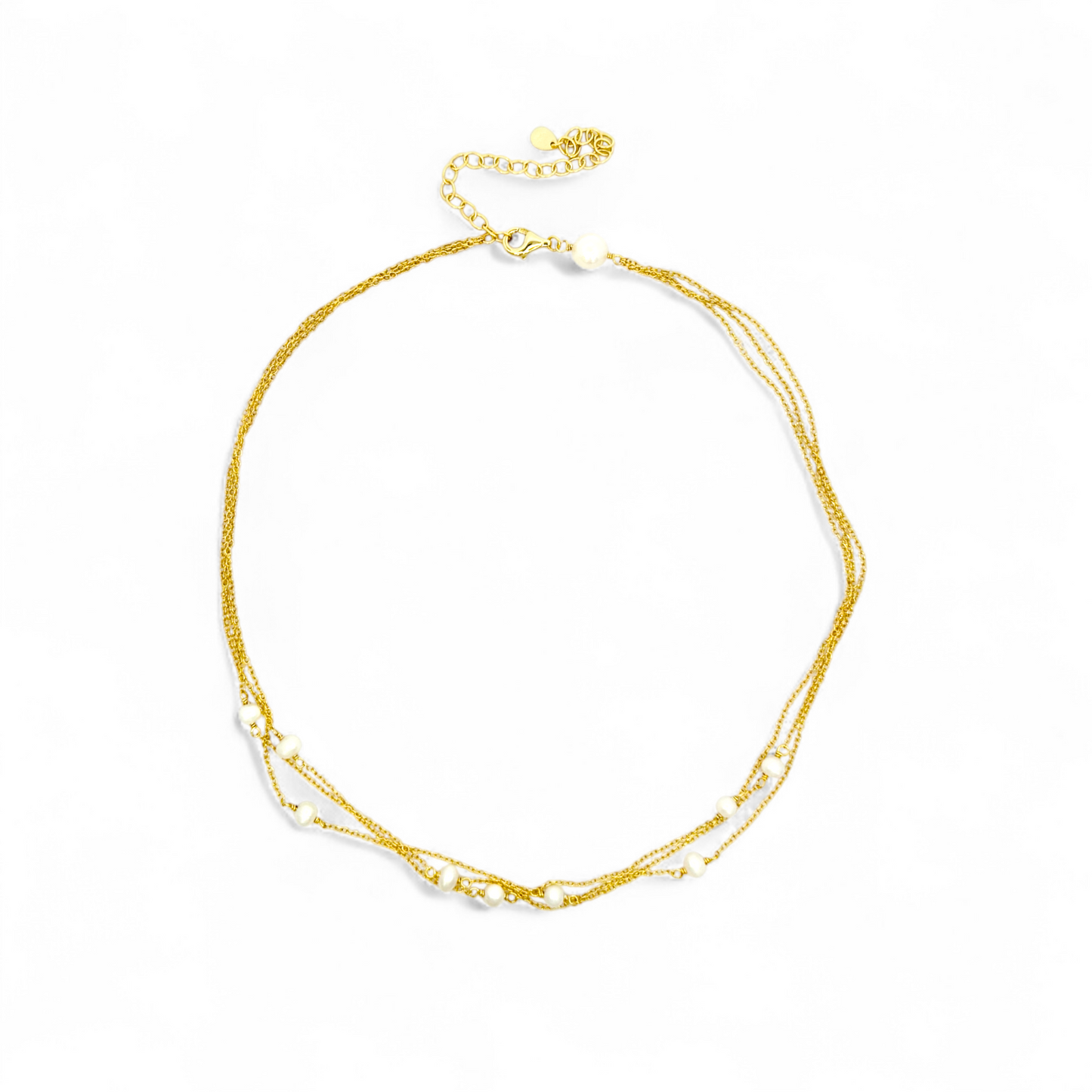 Collar triple cadena dorada con perlas 4 y 6 mm
