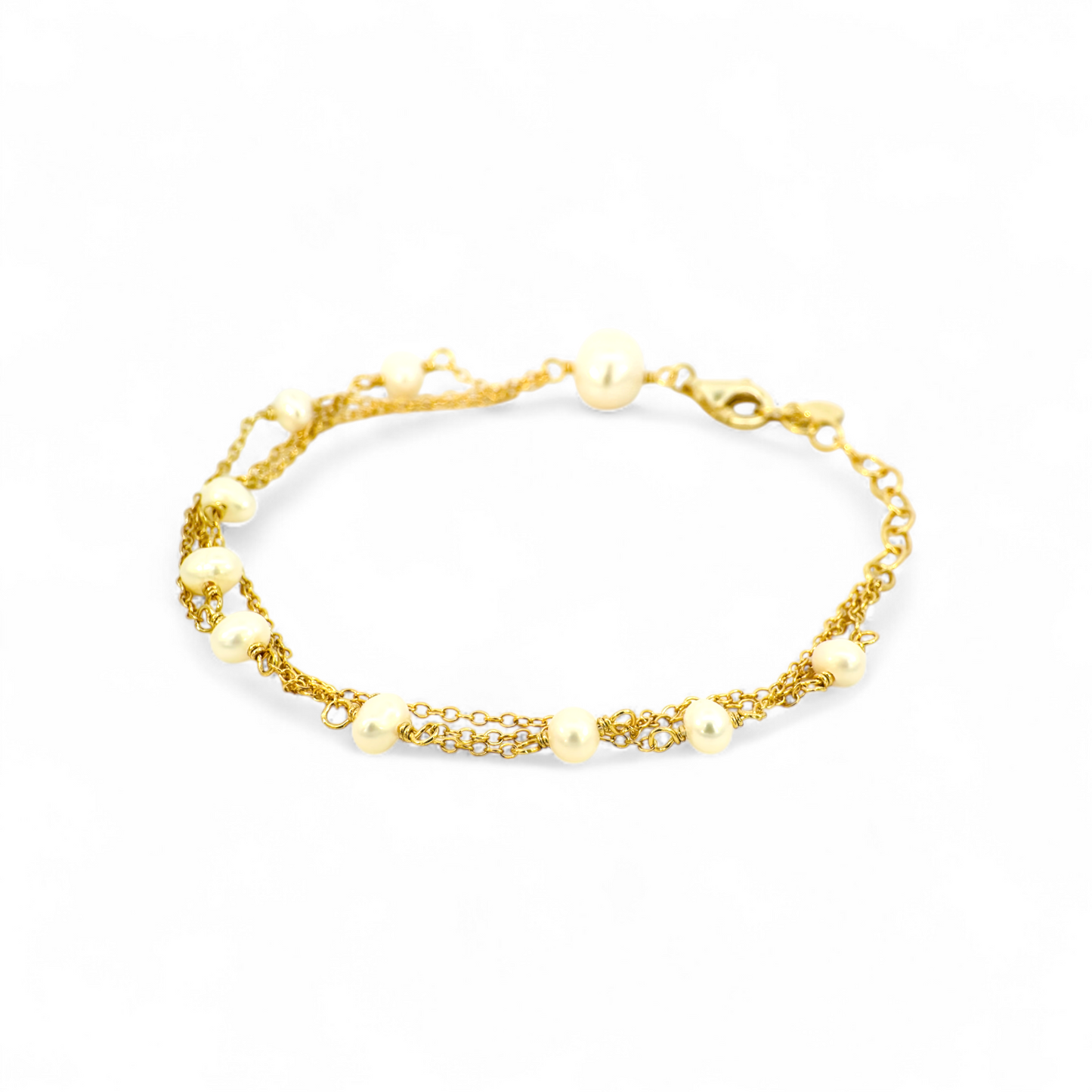 Pulsera triple eslabones dorados con perlas de 3 mm