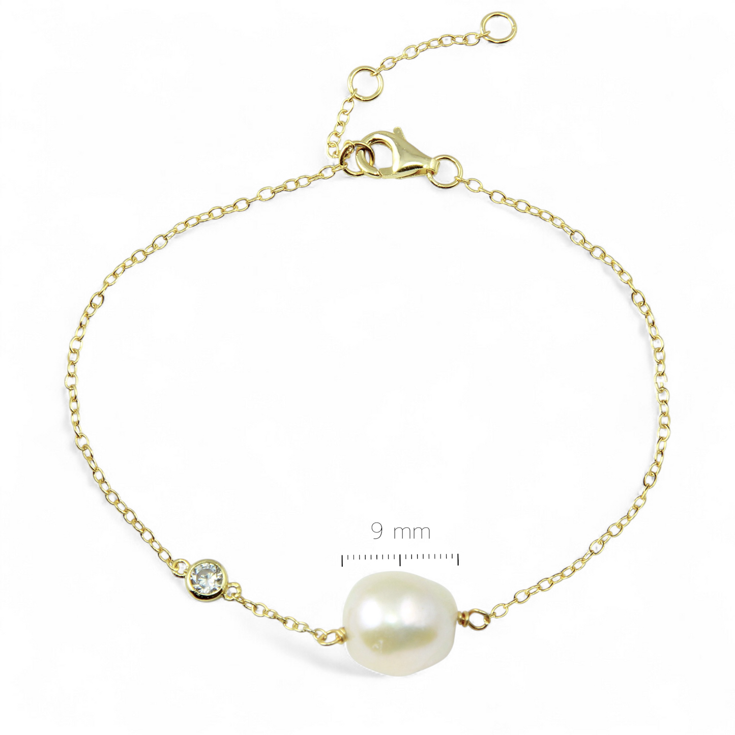 Pulsera Perla Oval 9 mm y circón bisel dorada