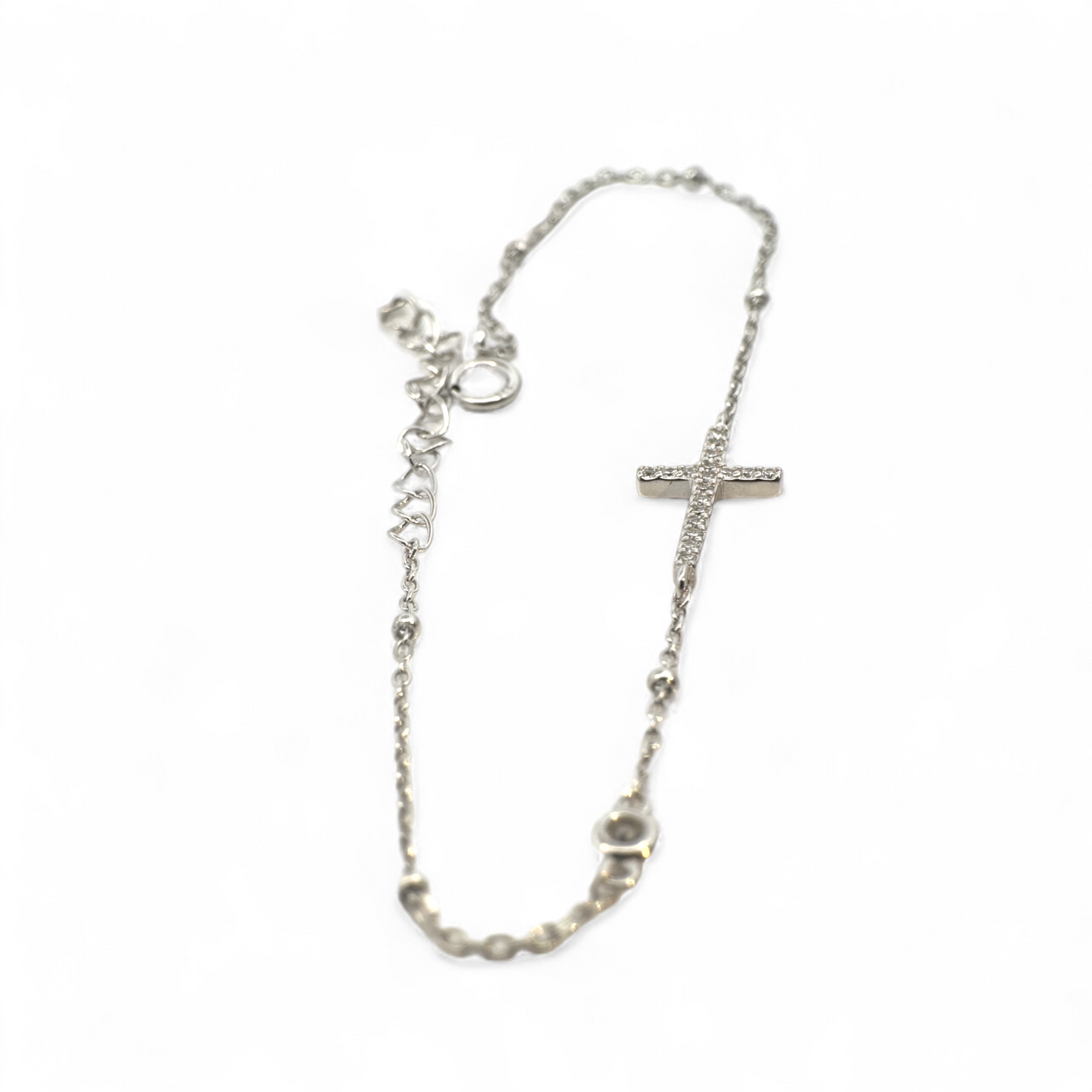 Pulsera cadena con pelotitas, circón en bisel y Cruz con circones