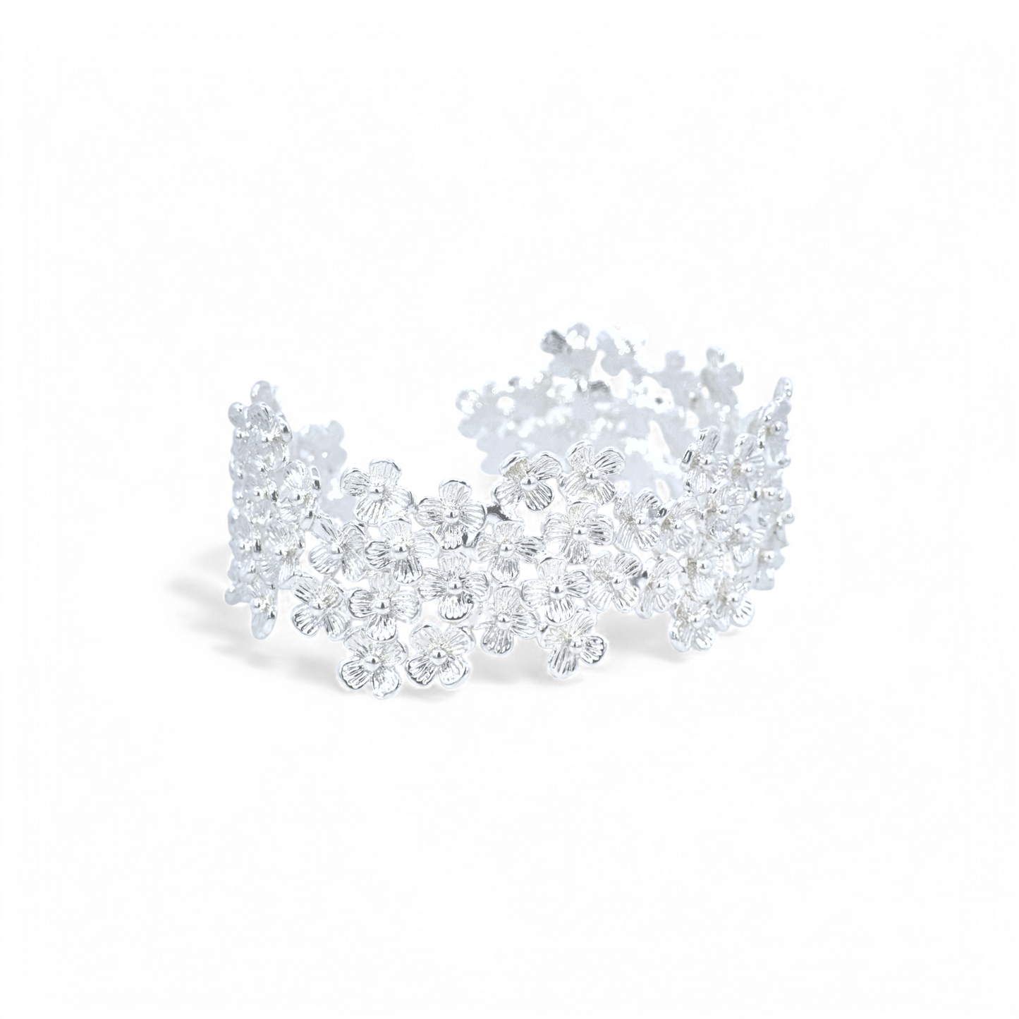 Pulsera esclava ajustable plata 925 bañada flores plateada angosta