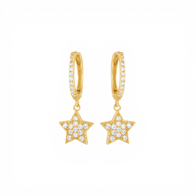 Aros argollas 12 mm y estrellas colgantes con circones doradas