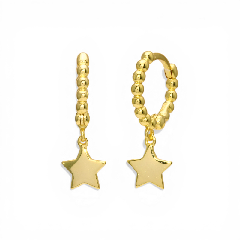 Aros argolla con pelotitas y estrella colgante plata bañada en oro