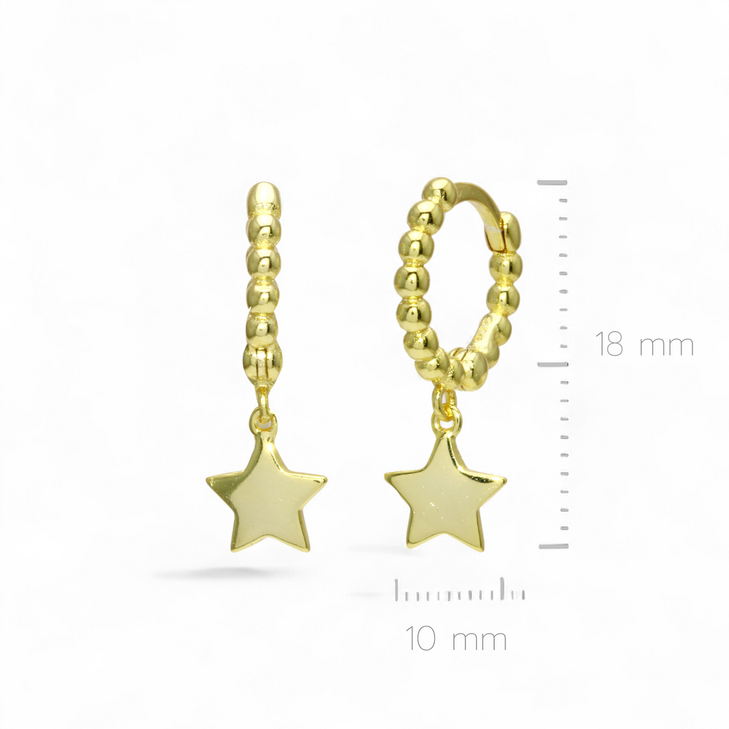 Aros argolla con pelotitas y estrella colgante plata bañada en oro
