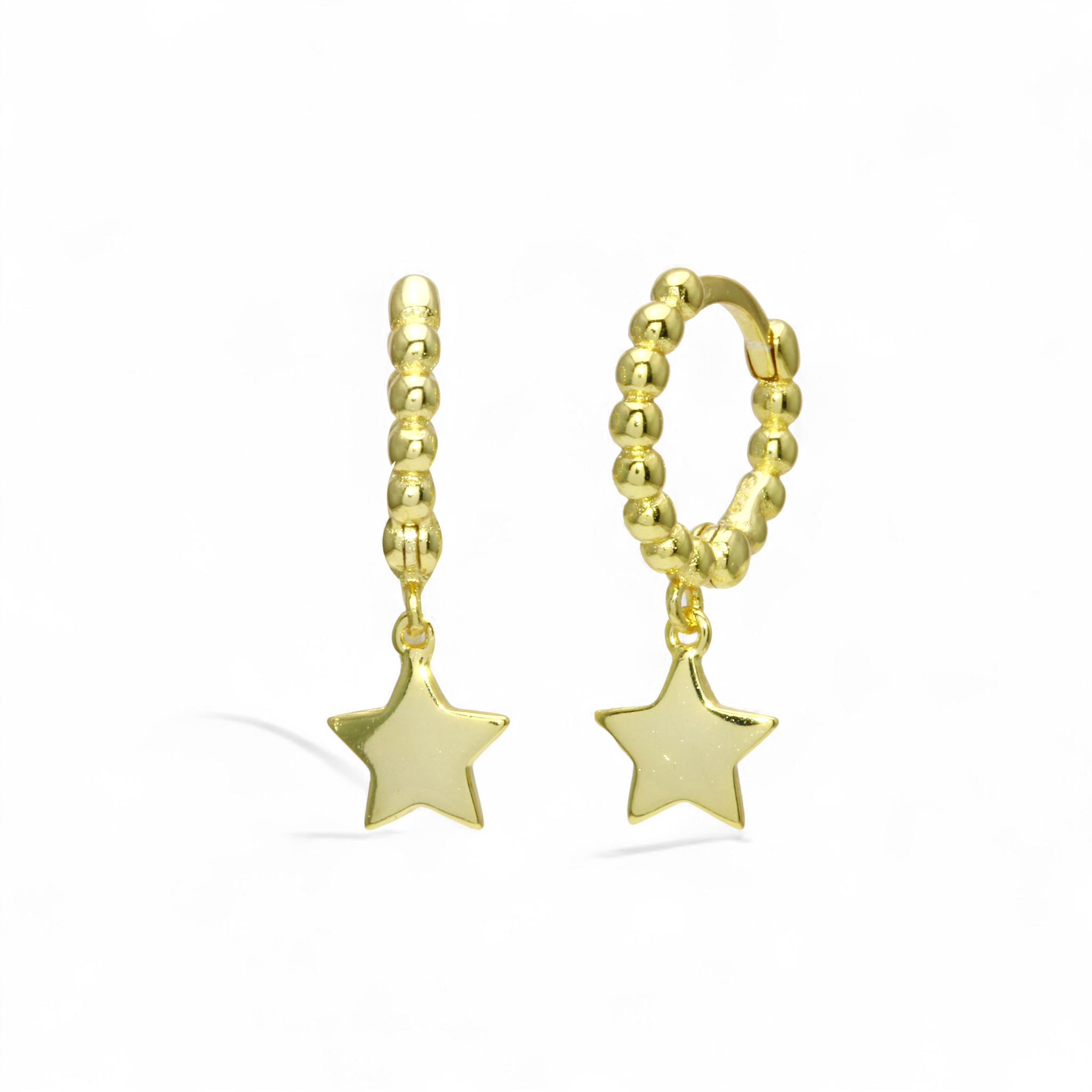 Aros argolla con pelotitas y estrella colgante plata bañada en oro