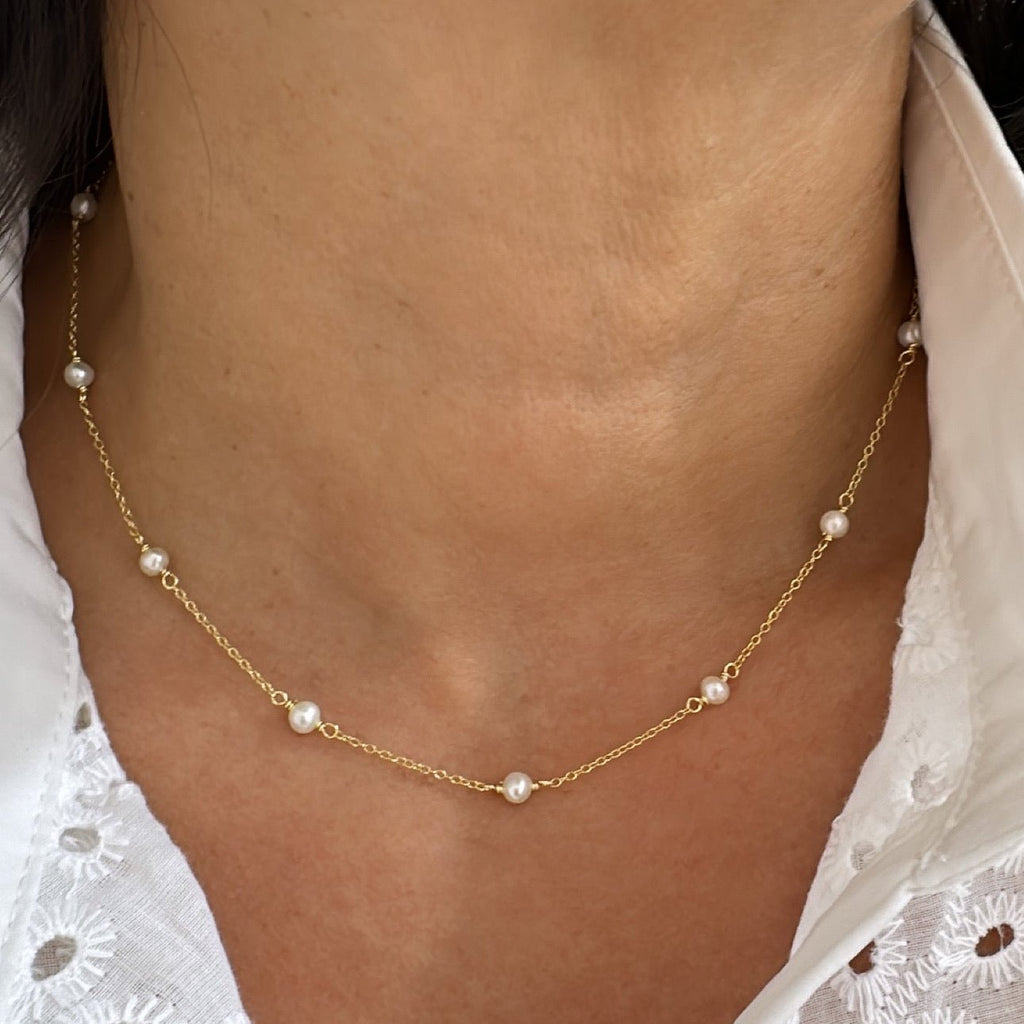 Collar cadena con perlas ovales en Plata 925 bañada en Oro