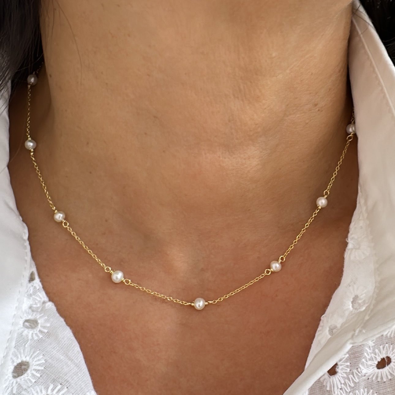 Collar cadena con perlas ovales en Plata 925 bañada en Oro