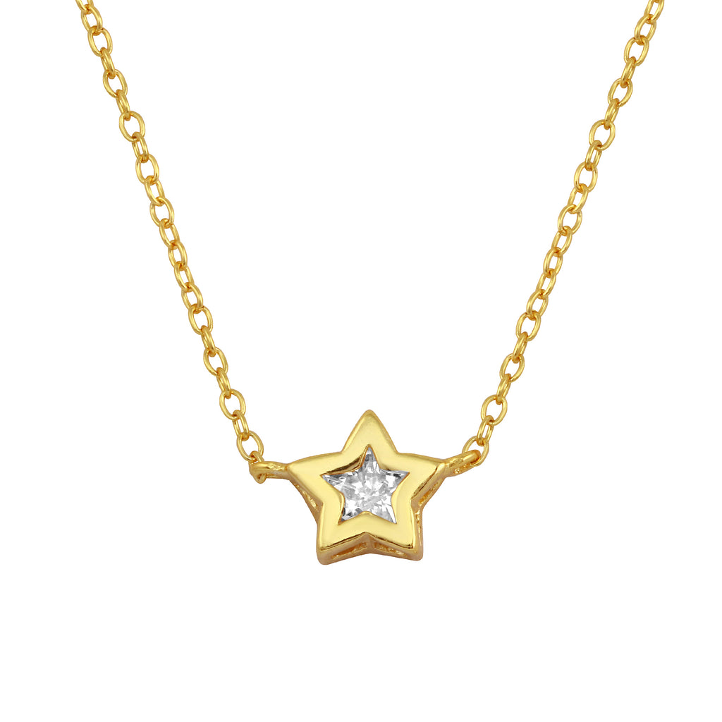 Collar cadena con circón en bisel estrella Plata 925 Bañada Oro