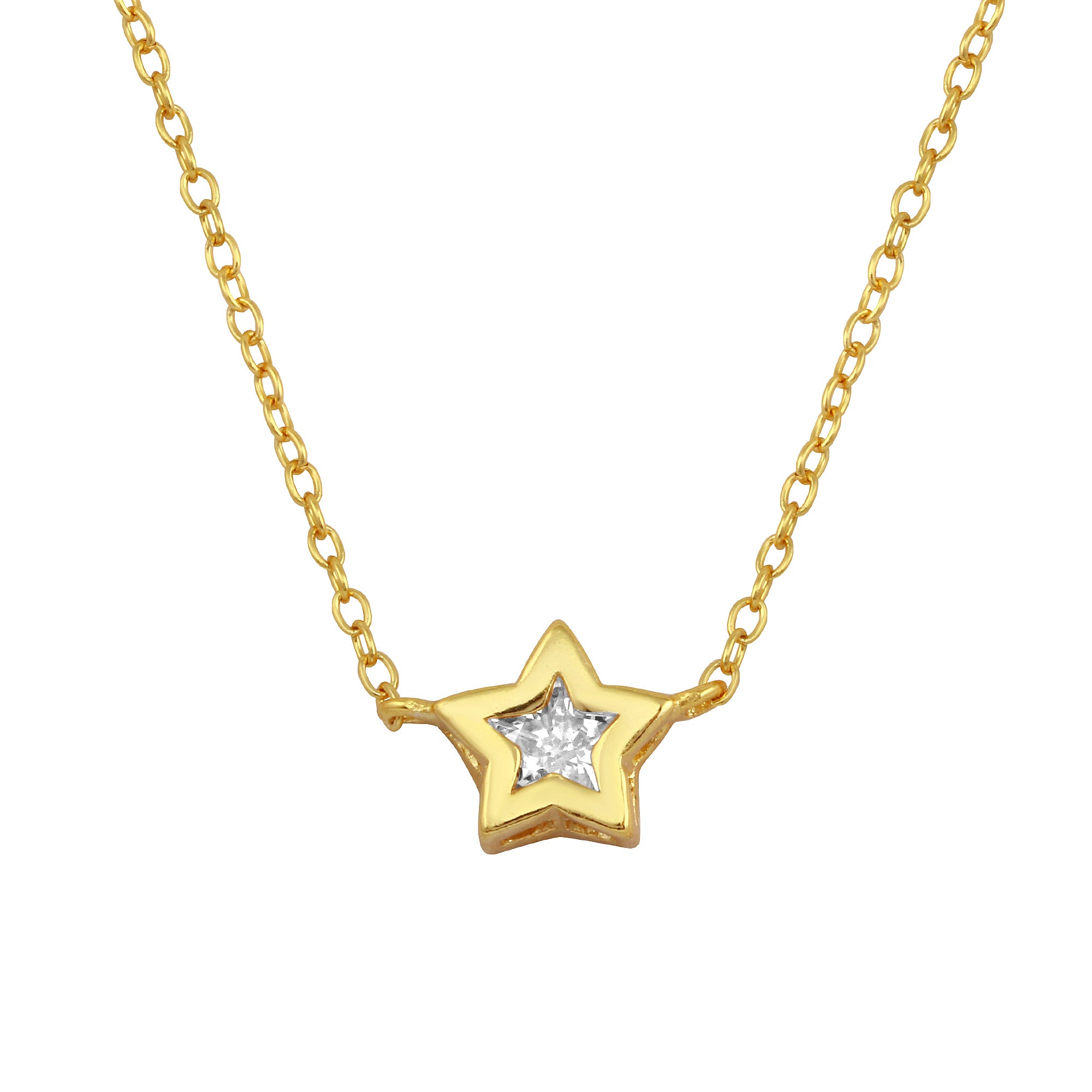 Collar cadena con circón en bisel estrella Plata 925 Bañada Oro