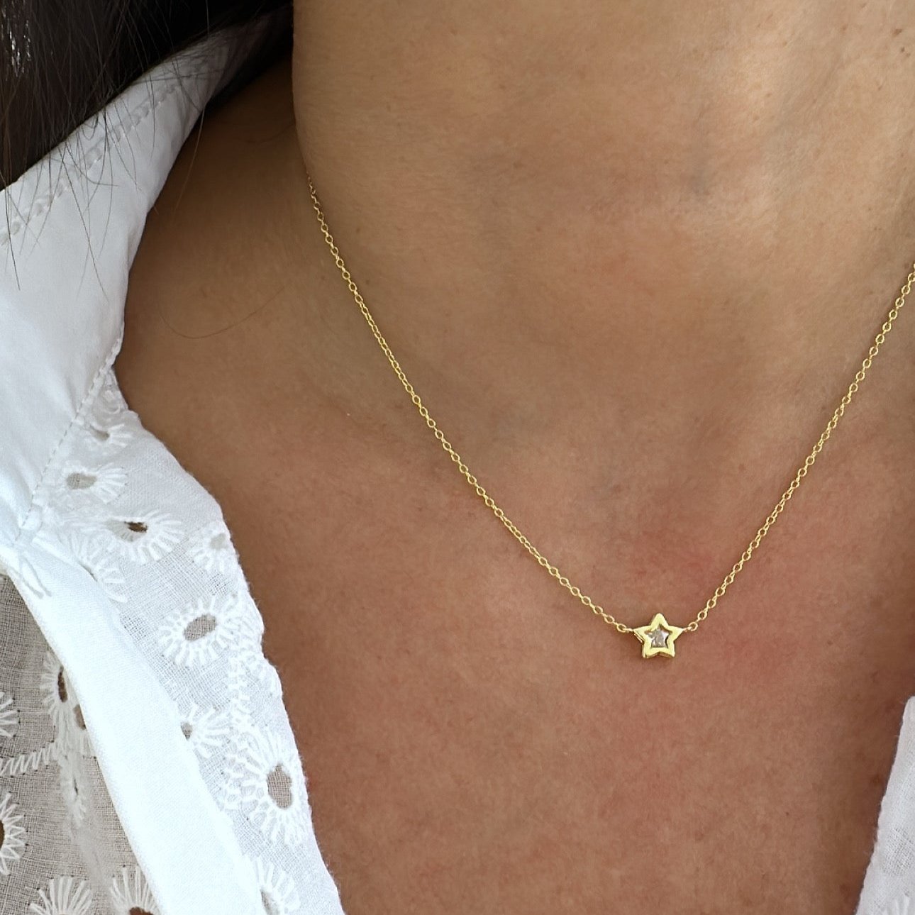 Collar cadena con circón en bisel estrella 7mm Plata 925