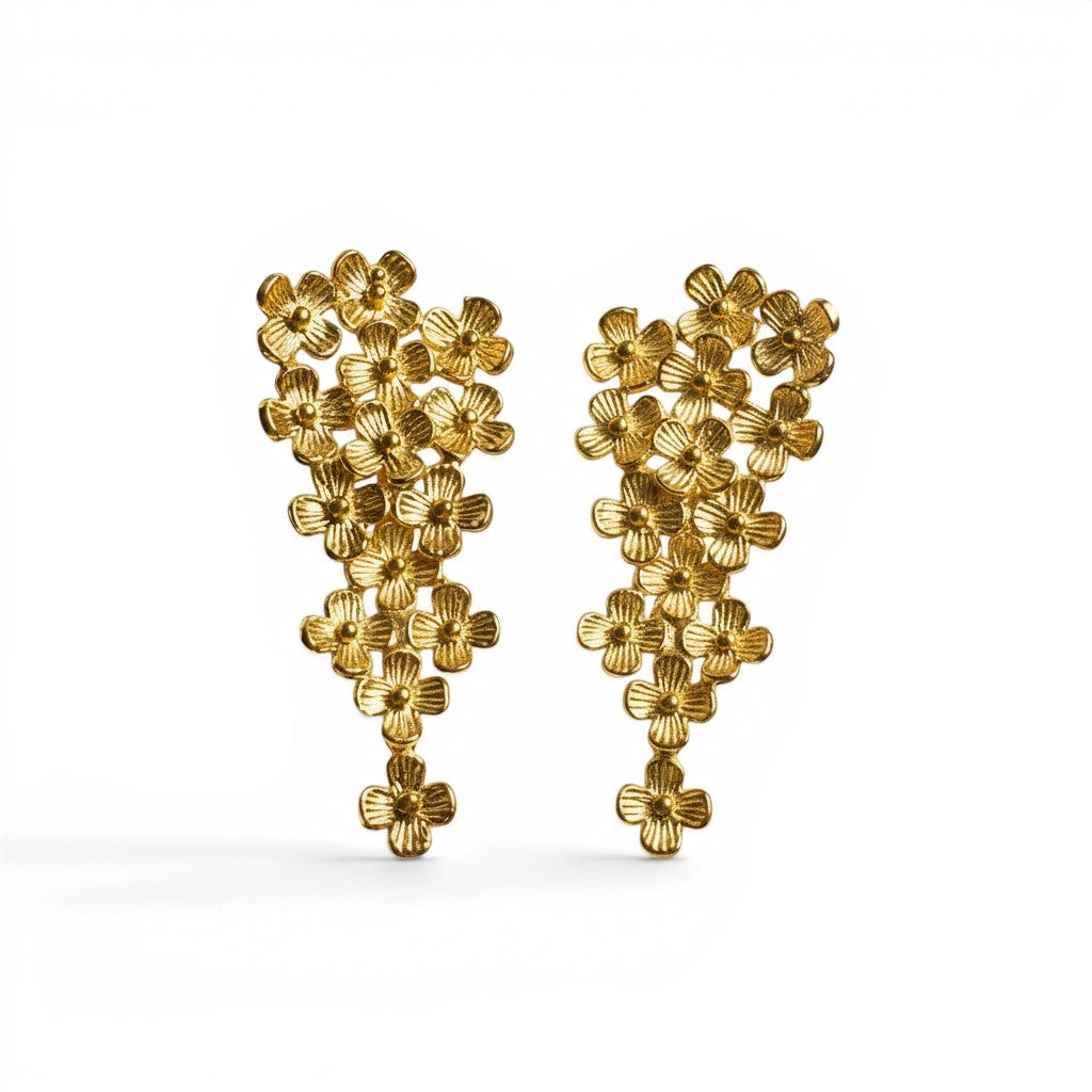 Aros flores gota movimiento plata enchapada en oro 18K