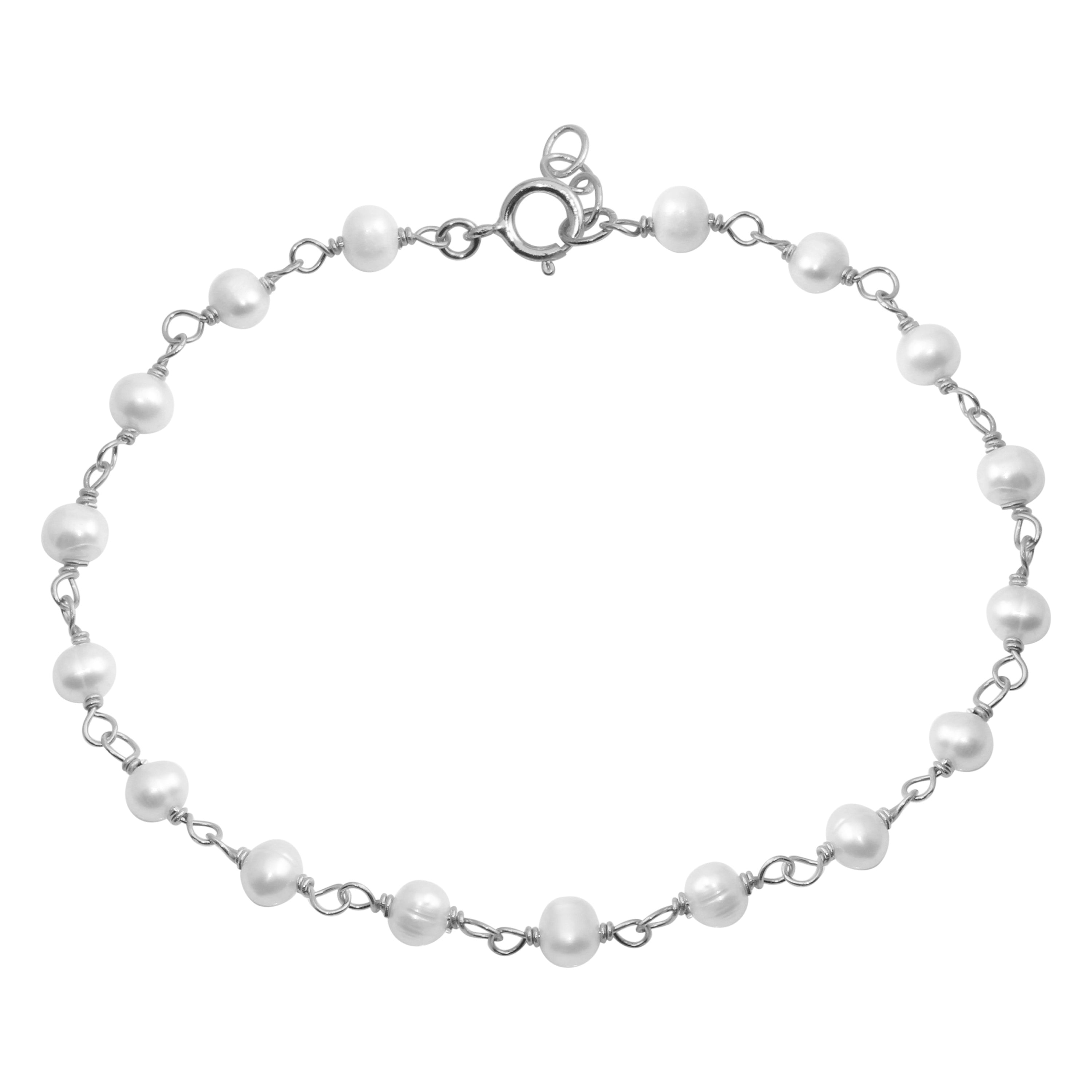 Pulsera eslabones plateados con perlas de 4 mm