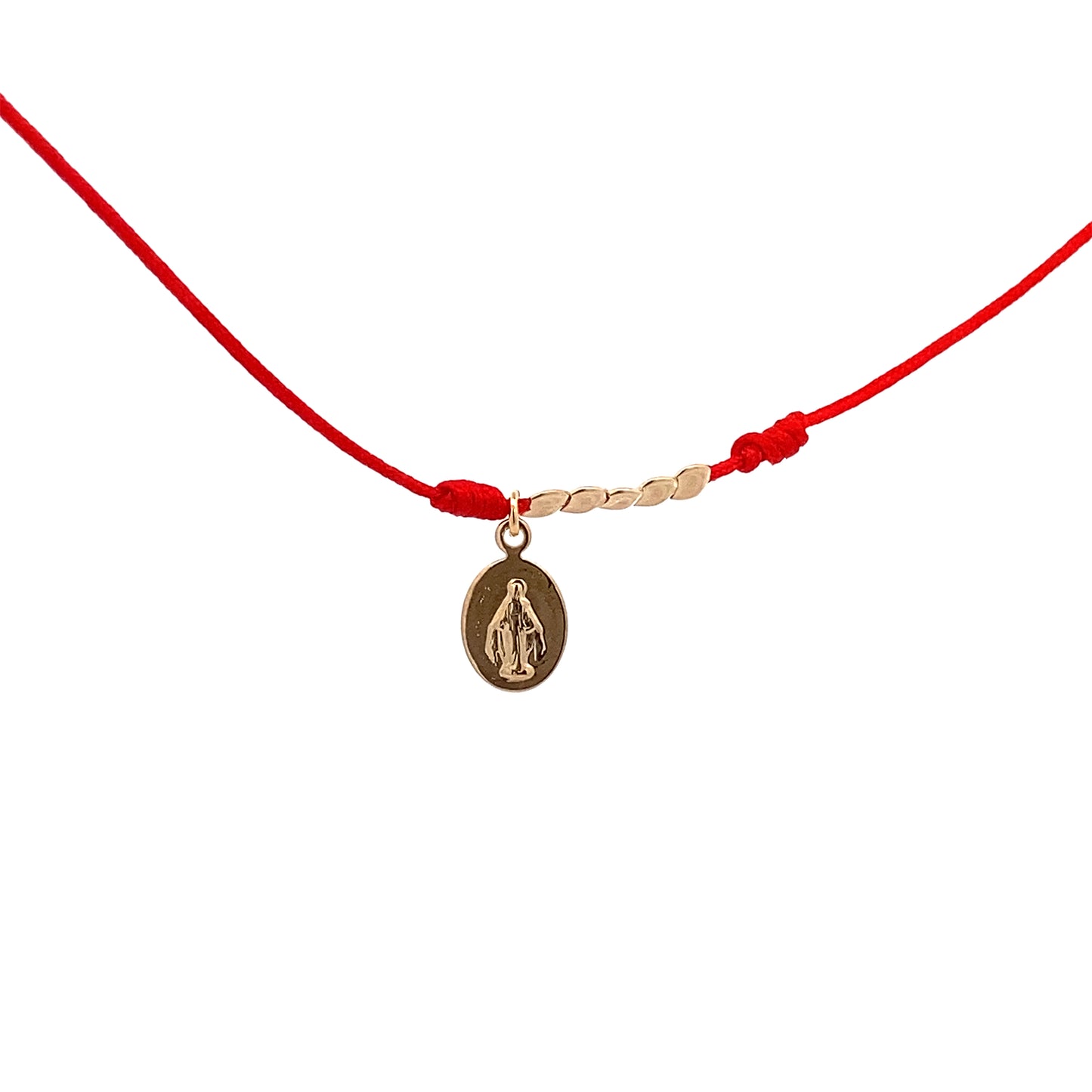 Pulsera Hilo Rojo con mostacillas planas y medalla Virgen de los Rayos bañado en oro