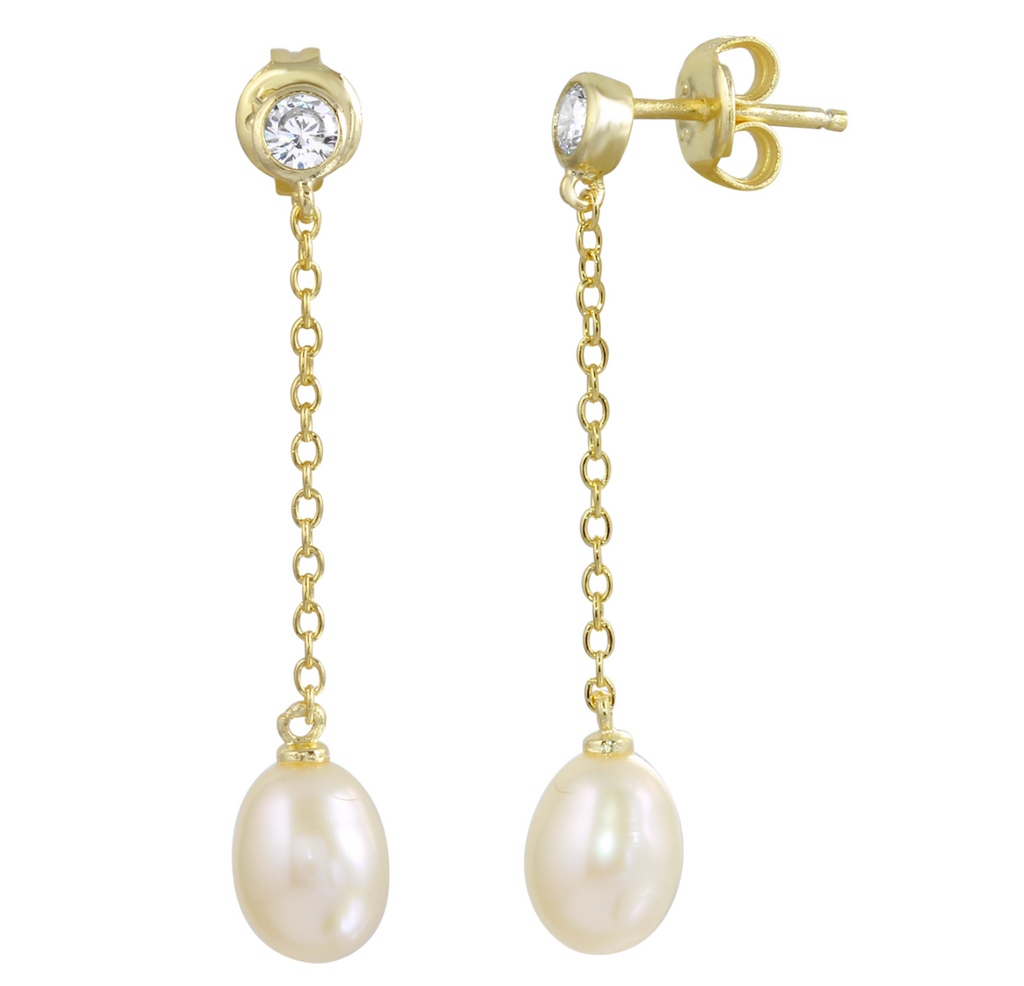 Aros colgantes Perlas y Circón Bisel Plata 925 Bañada en Oro