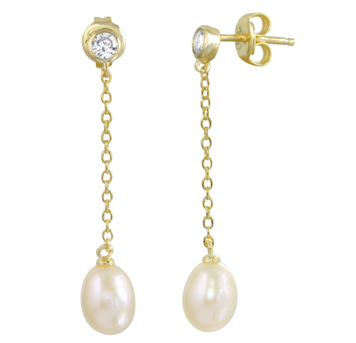 Aros colgantes Perlas y Circón Bisel Plata 925 Bañada en Oro