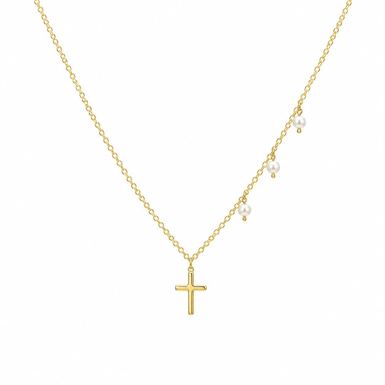Collar cadena de Plata 925 bañada en oro con Cruz y 3 Perlas