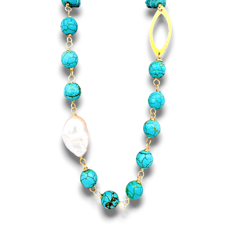 Collar alambrado turquesas redondas y perlas barrocas largo