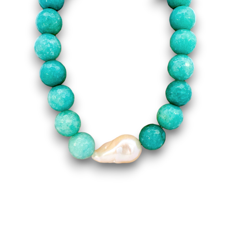 Collar Ágatas naturales 12 mm y perla barroca