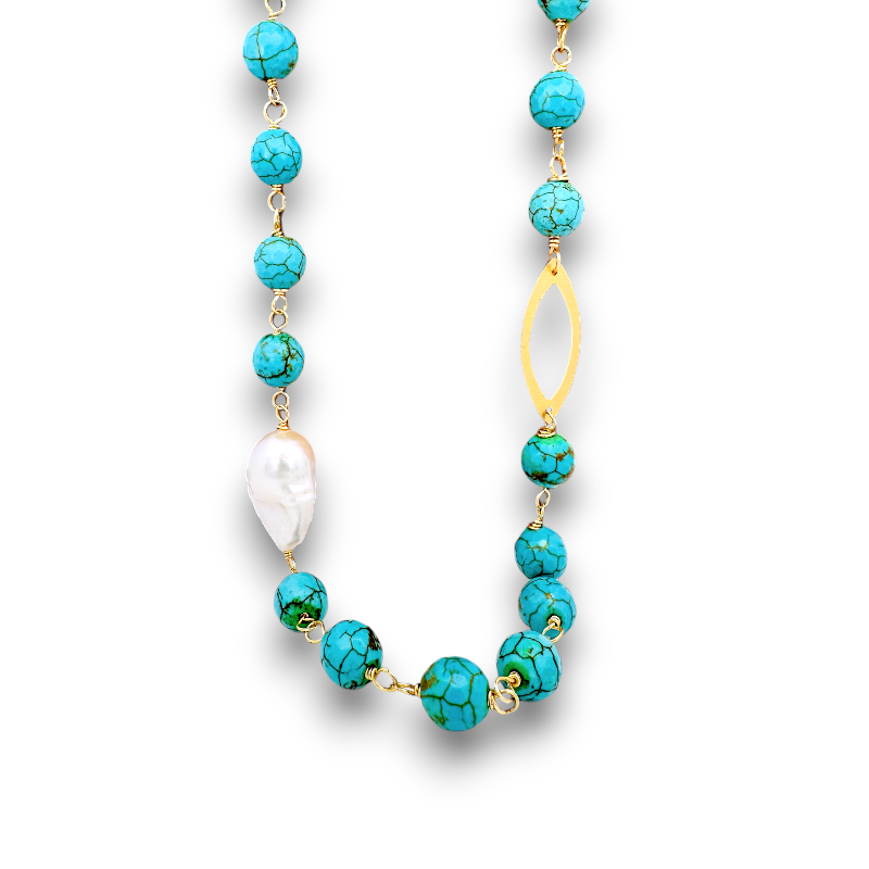 Collar alambrado turquesas redondas y perlas barrocas largo