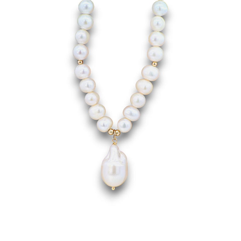 Collar Perlas naturales 7x5 mm y Perla barroca colgante 2 cm corto