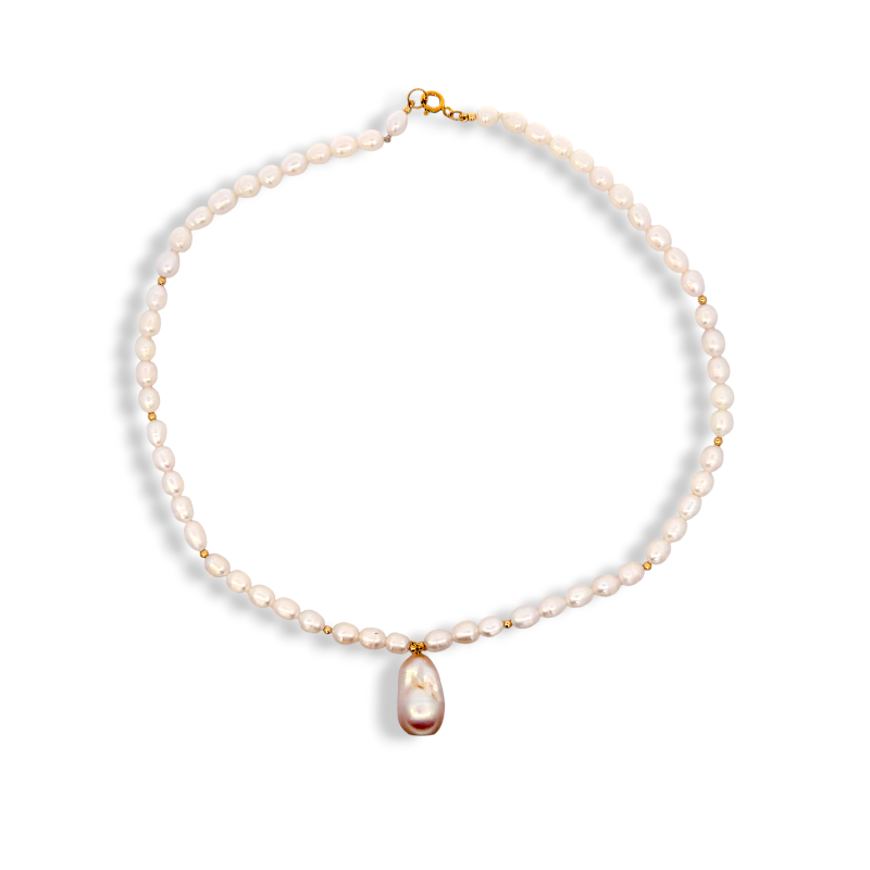 Collar Perlas naturales 7x5 mm y Perla barroca colgante 2 cm