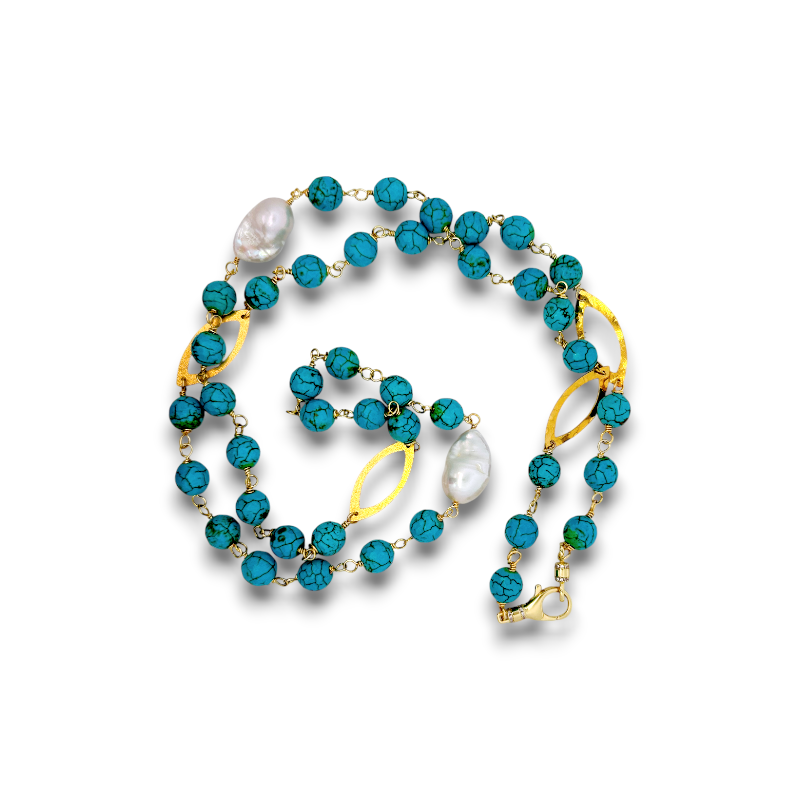 Collar alambrado turquesas redondas y perlas barrocas largo