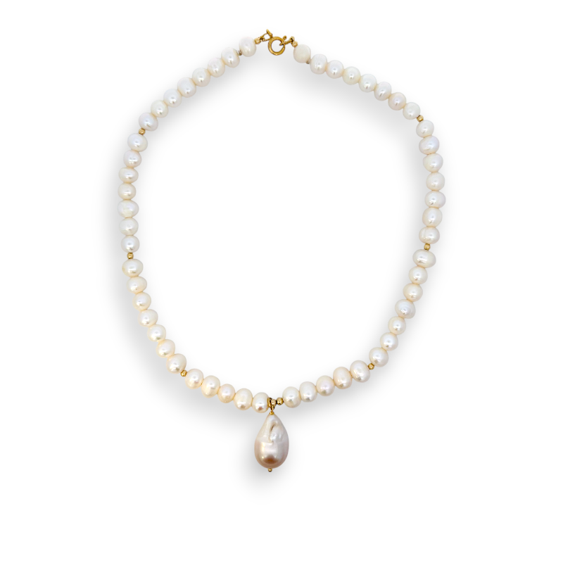 Collar Perlas naturales 7x5 mm y Perla barroca colgante 2 cm corto