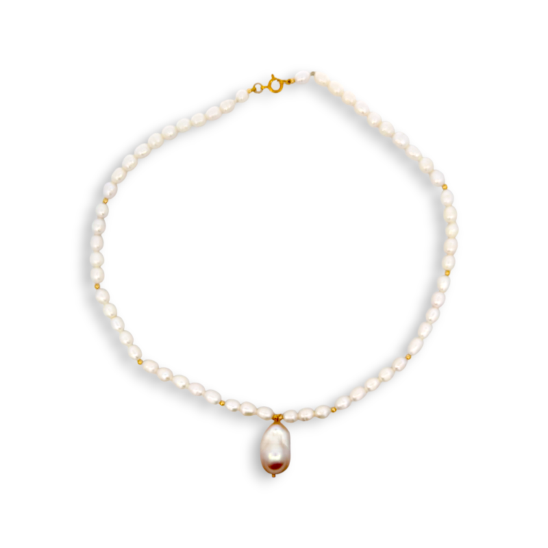 Collar Perlas naturales 7x5 mm y Perla barroca colgante 2 cm