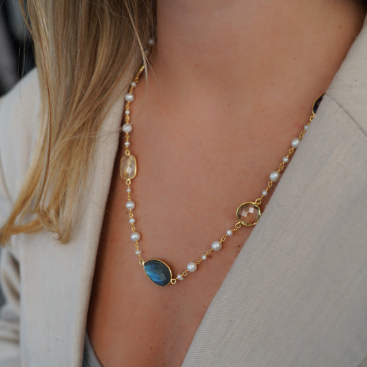 Collar Perlas con Piedras Naturales Ovales y Redondas