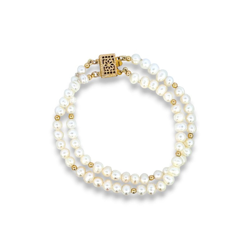Pulsera Perlas naturales 4x5 mm doble con bolitas goldfilled y broche
