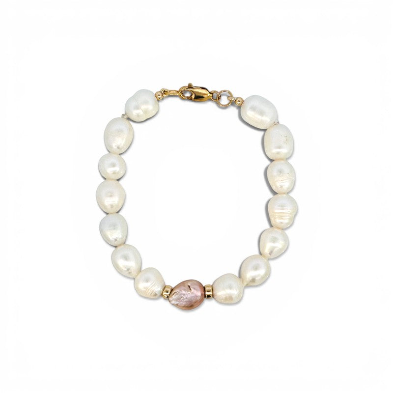 Pulsera Perlas naturales de 10 x 8 mm con perla rosada central