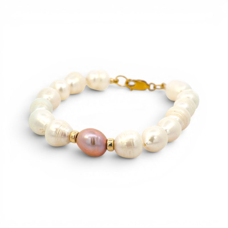 Pulsera Perlas naturales de 10 x 8 mm con perla rosada central