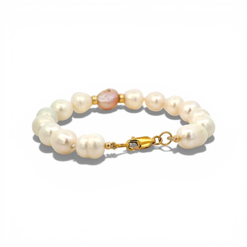 Pulsera Perlas naturales de 10 x 8 mm con perla rosada central