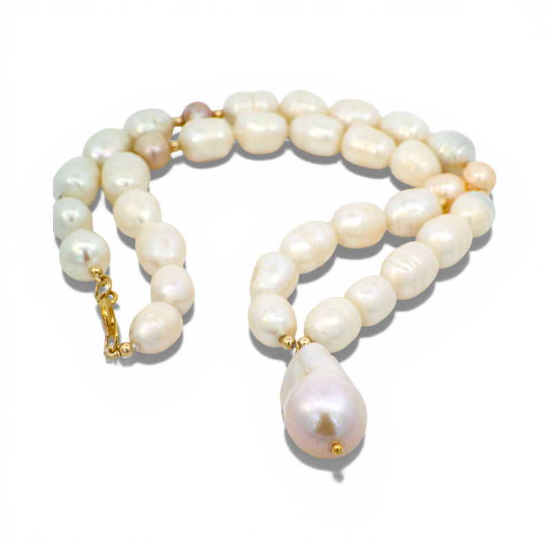 Collar Perlas naturales 10x7 mm y Perla barroca colgante 2,5 cm