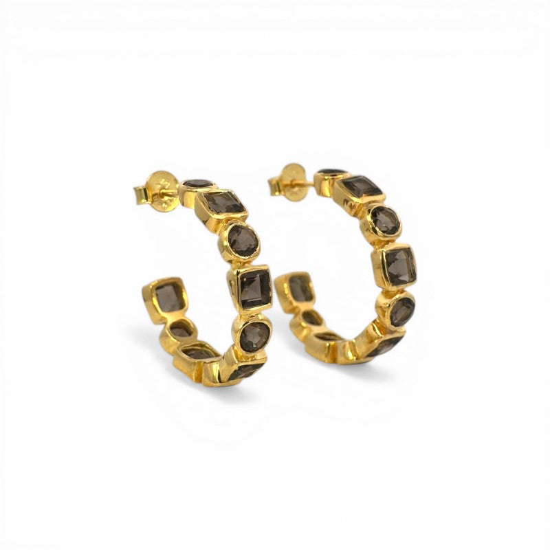 Aros argollas cuarzo fumé en bisel dorados
