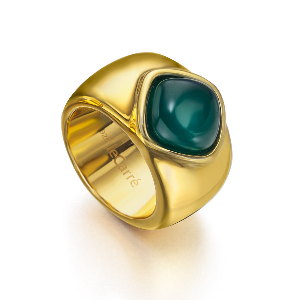 Anillo Onix Verde Rombo Plata bañado en oro