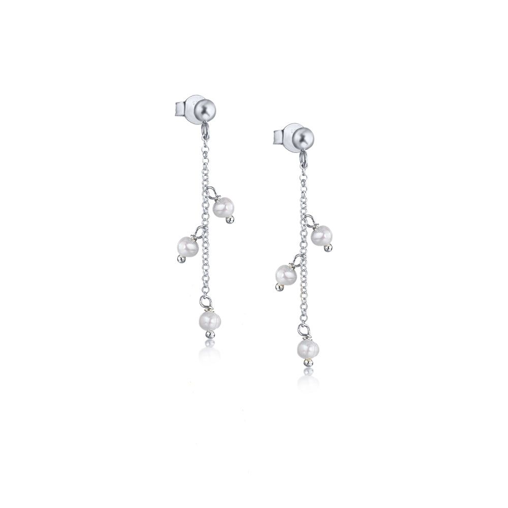 Aros colgantes cadena y perlas plateados