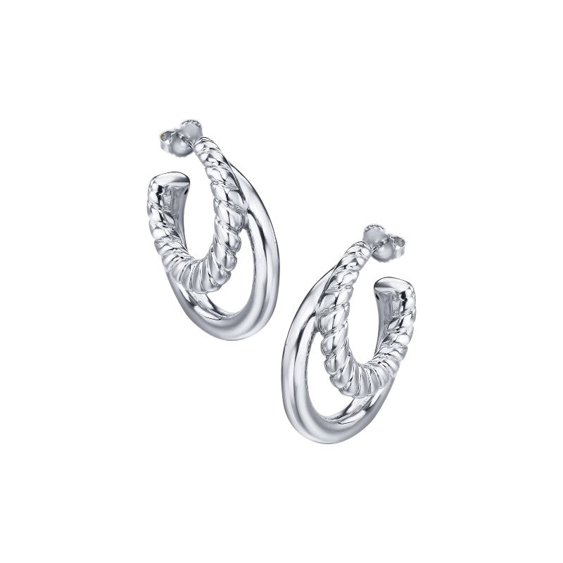 Aros argolla doble rizado y liso plateado