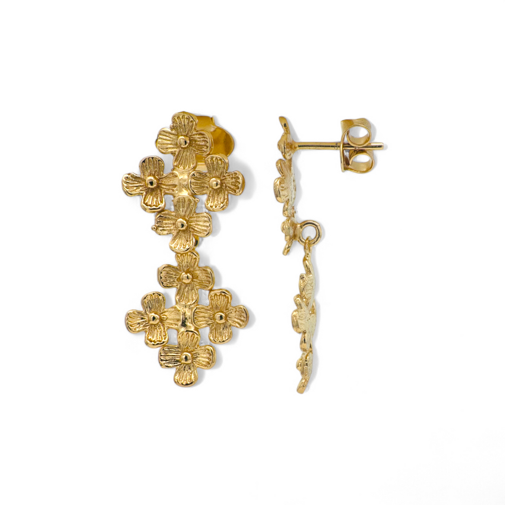 Aros flores gota movimiento dorados cortos