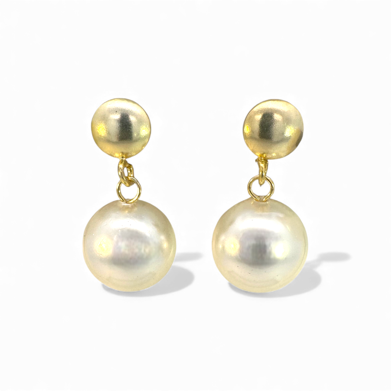 Aros stud boton dorado y perla colgante 12 mm