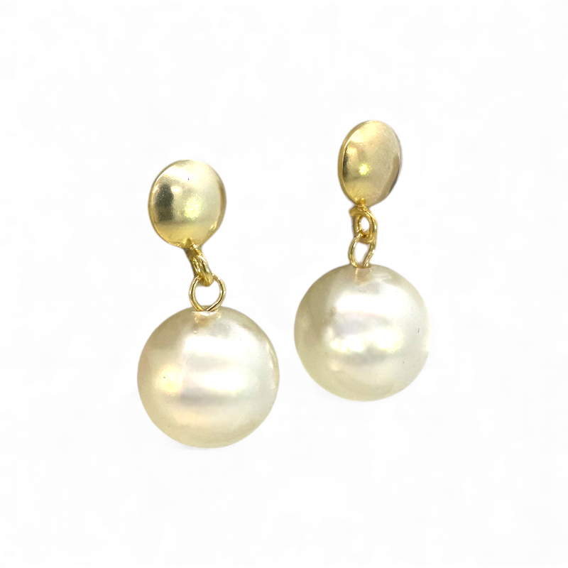 Aros stud boton dorado y perla colgante 12 mm