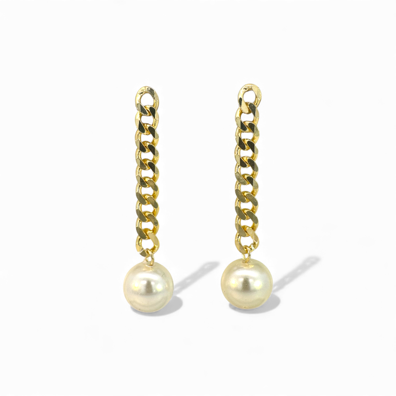 Aros colgantes cadena dorada y perla 8 mm