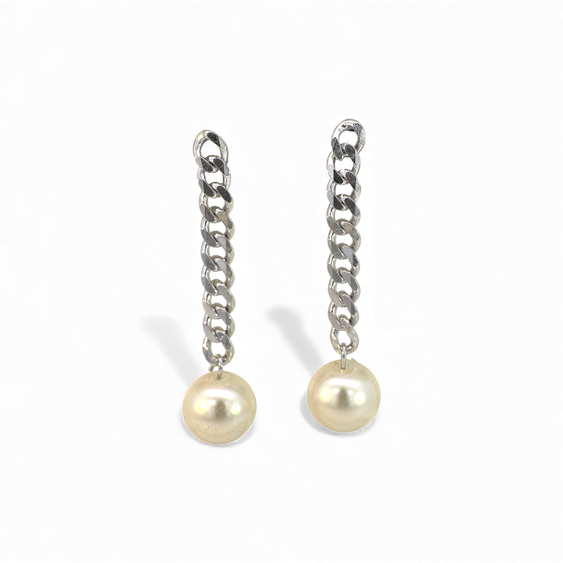 Aros colgantes cadena plateada y perla 8 mm