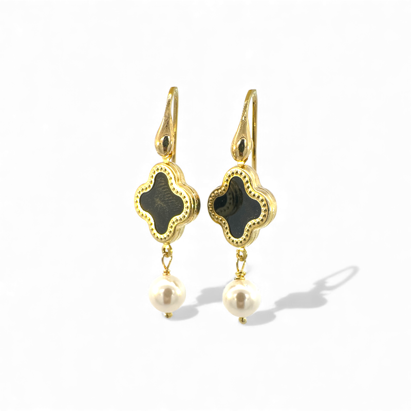 Aros colgantes trebol negro y perlas 6 mm dorado