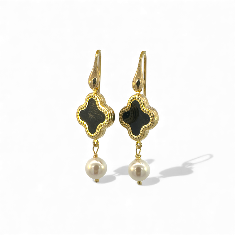 Aros colgantes trebol negro y perlas 6 mm dorado