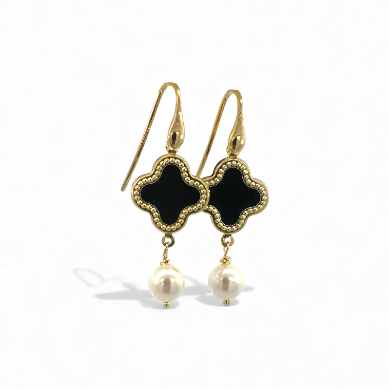 Aros colgantes trebol negro y perlas 6 mm dorado