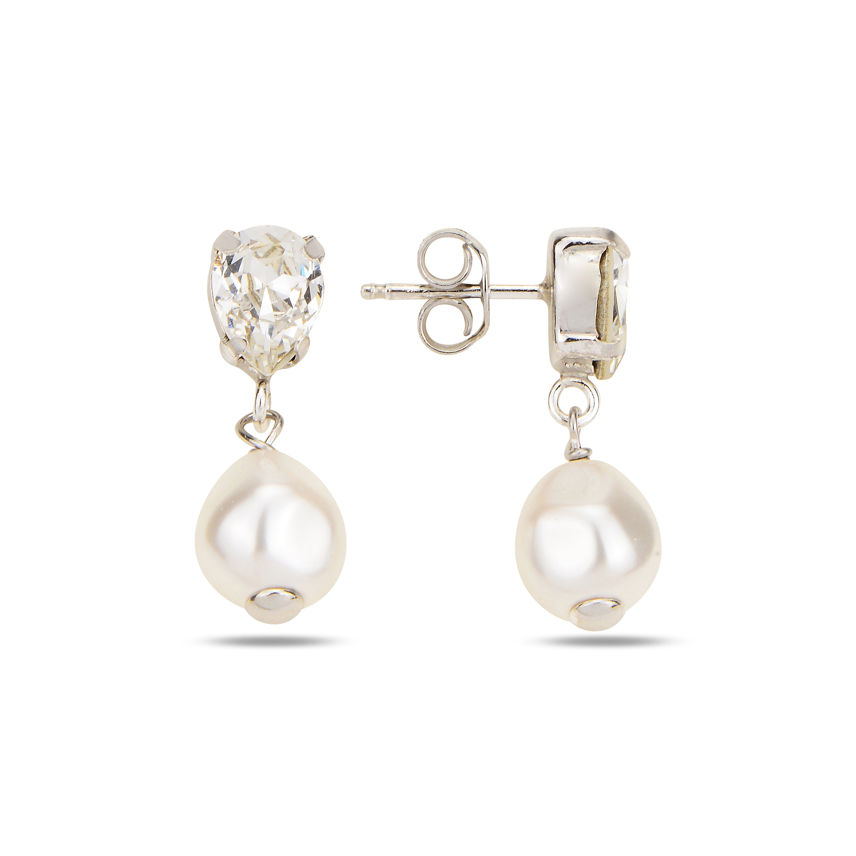 Aros stud Cristal Drop Swarovski y perla barroca 8 mm plateado