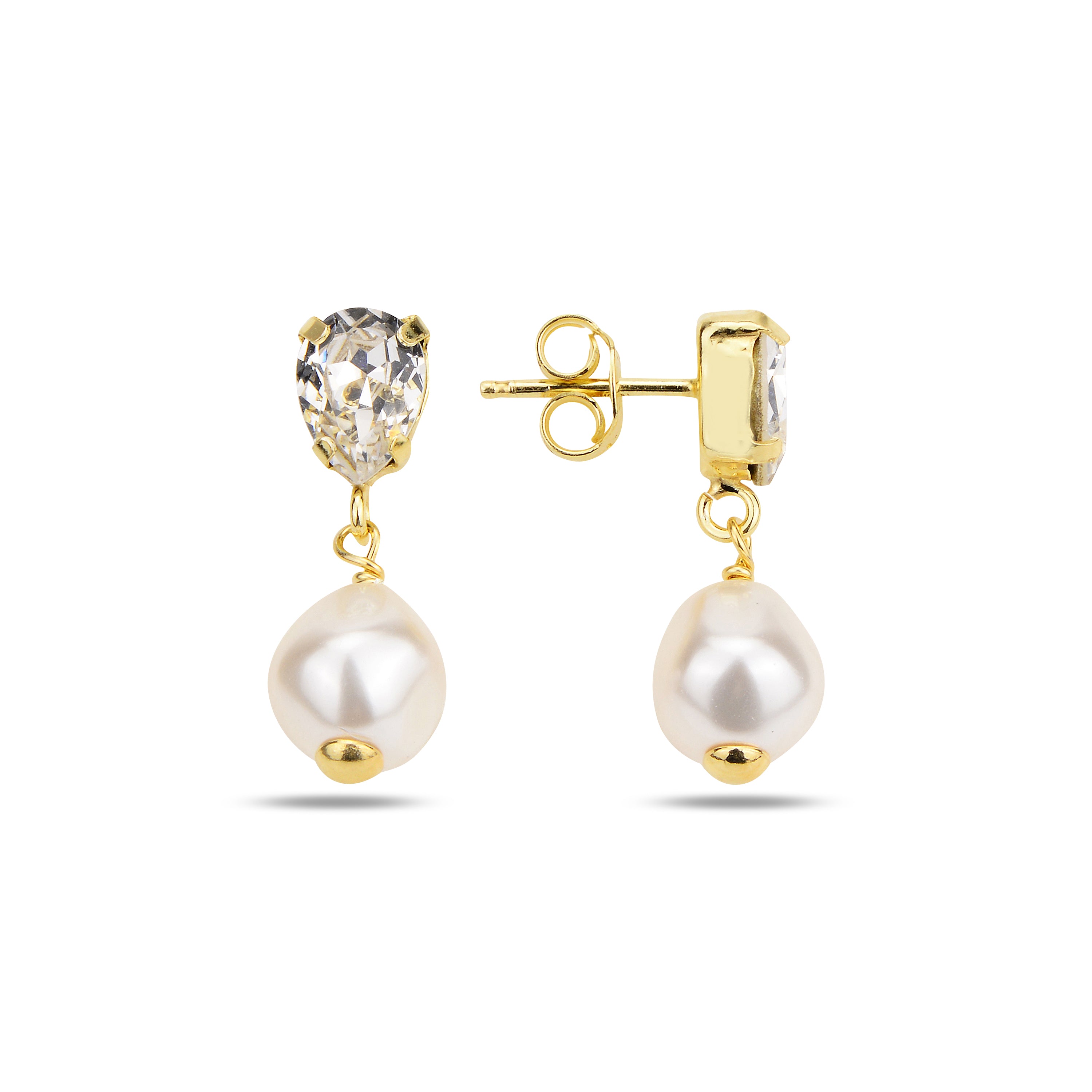 Aros stud Cristal Drop Swarovski y perla barroca 8 mm dorado
