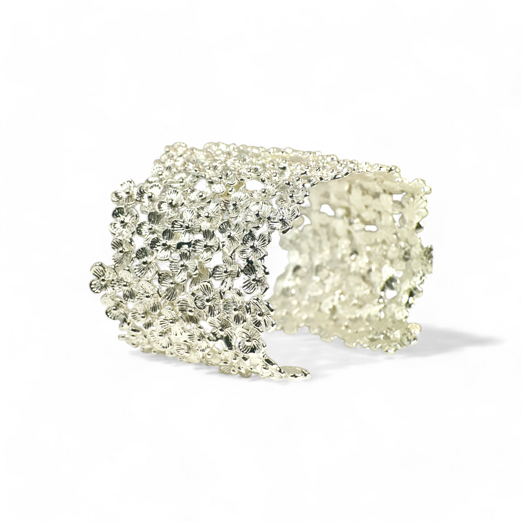Pulsera esclava ajustable flores plateada