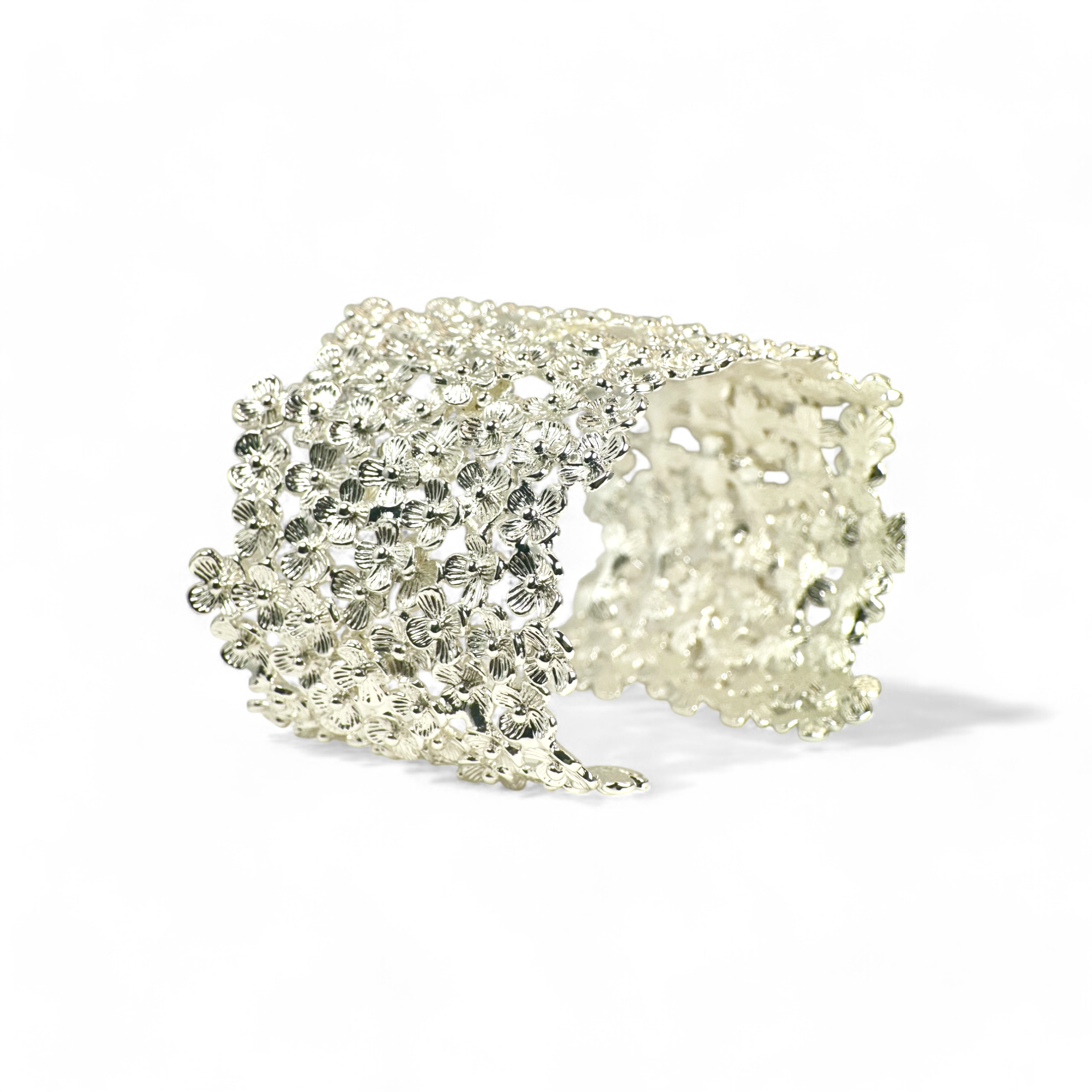 Pulsera esclava ajustable flores plateada